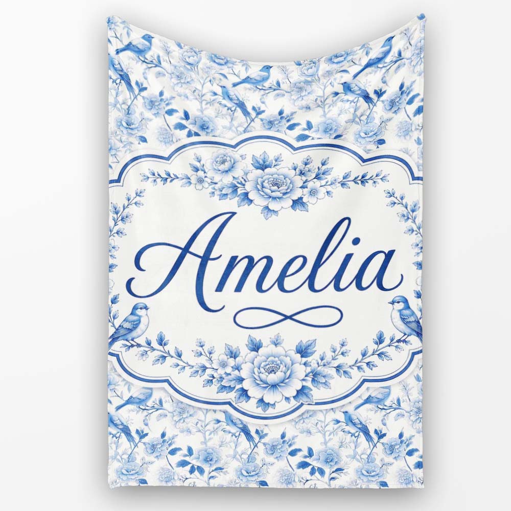 Light Blue Bird Blossom Branch Seamless Elegant Pattern Name Cute Personalised Custom Name Super Soft Fleece Blanket Bed Sofa Throw