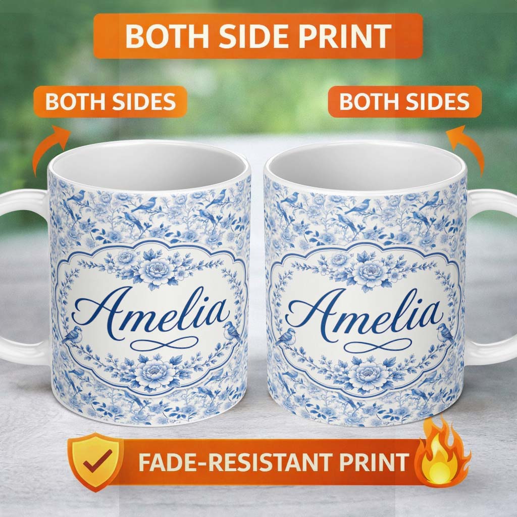 Personalized Custom Name Light Blue Bird Blossom Branch Seamless Elegant Pattern Name Cute 11oz Ceramic Coffee Tea Mug White Large Handle