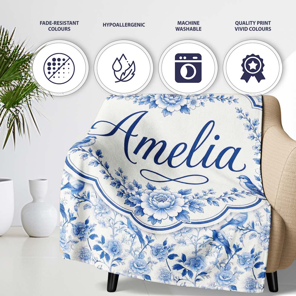 Light Blue Bird Blossom Branch Seamless Elegant Pattern Name Cute Personalised Custom Name Super Soft Fleece Blanket Bed Sofa Throw