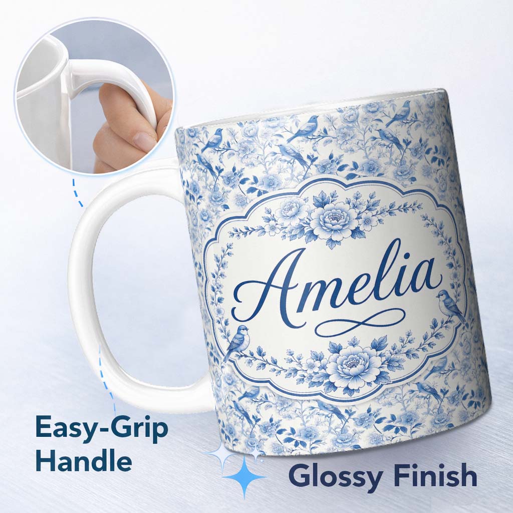 Personalized Custom Name Light Blue Bird Blossom Branch Seamless Elegant Pattern Name Cute 11oz Ceramic Coffee Tea Mug White Large Handle