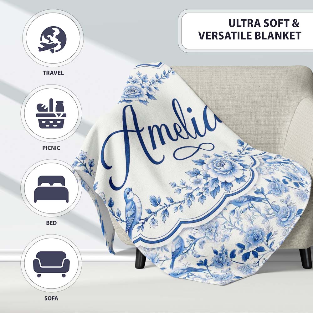 Light Blue Bird Blossom Branch Seamless Elegant Pattern Name Cute Personalised Custom Name Super Soft Fleece Blanket Bed Sofa Throw
