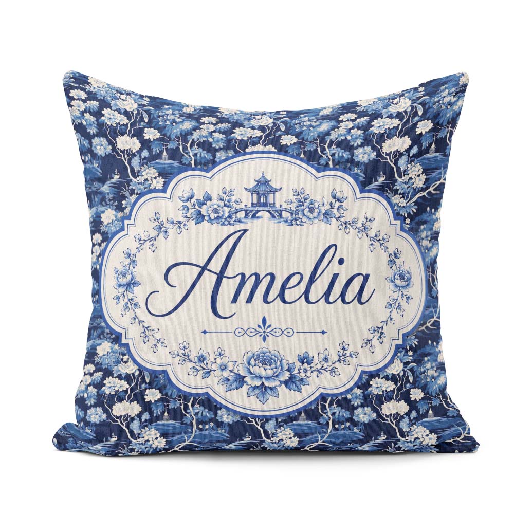 Custom Name Elegant Blue Toile Garden Landscape Seamless Pattern Square Filled Cushion Throw Pillow Sofa Bed Home Decor Zip Washable UK Made