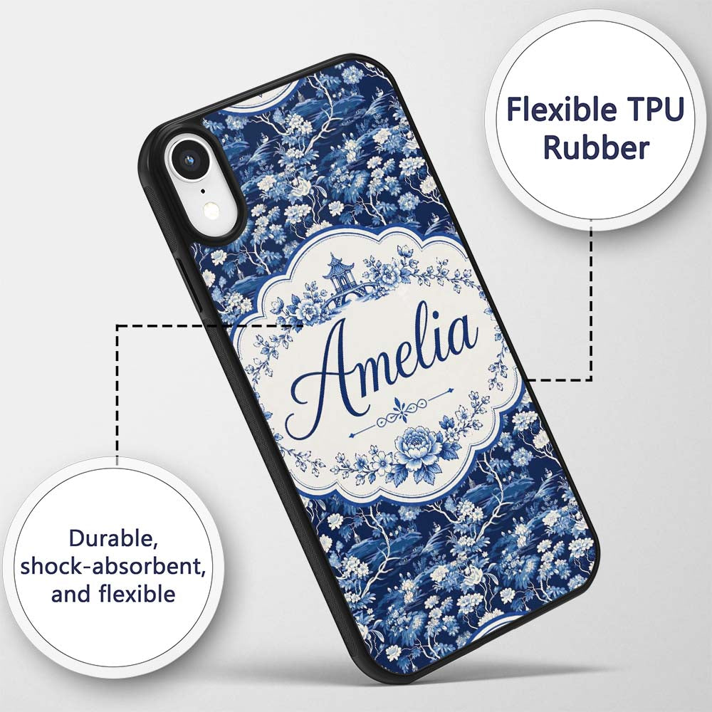 Elegant Blue Toile Garden Landscape Floral Printed Design Custom Name Protective Phone Case Mobile Cover Durable Smartphone Shock Resistant