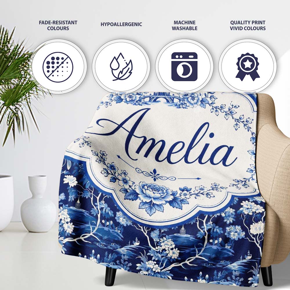 Elegant Blue Toile Garden Landscape Floral Seamless Pattern Name Personalised Custom Name Super Soft Fleece Blanket Bed Sofa Throw