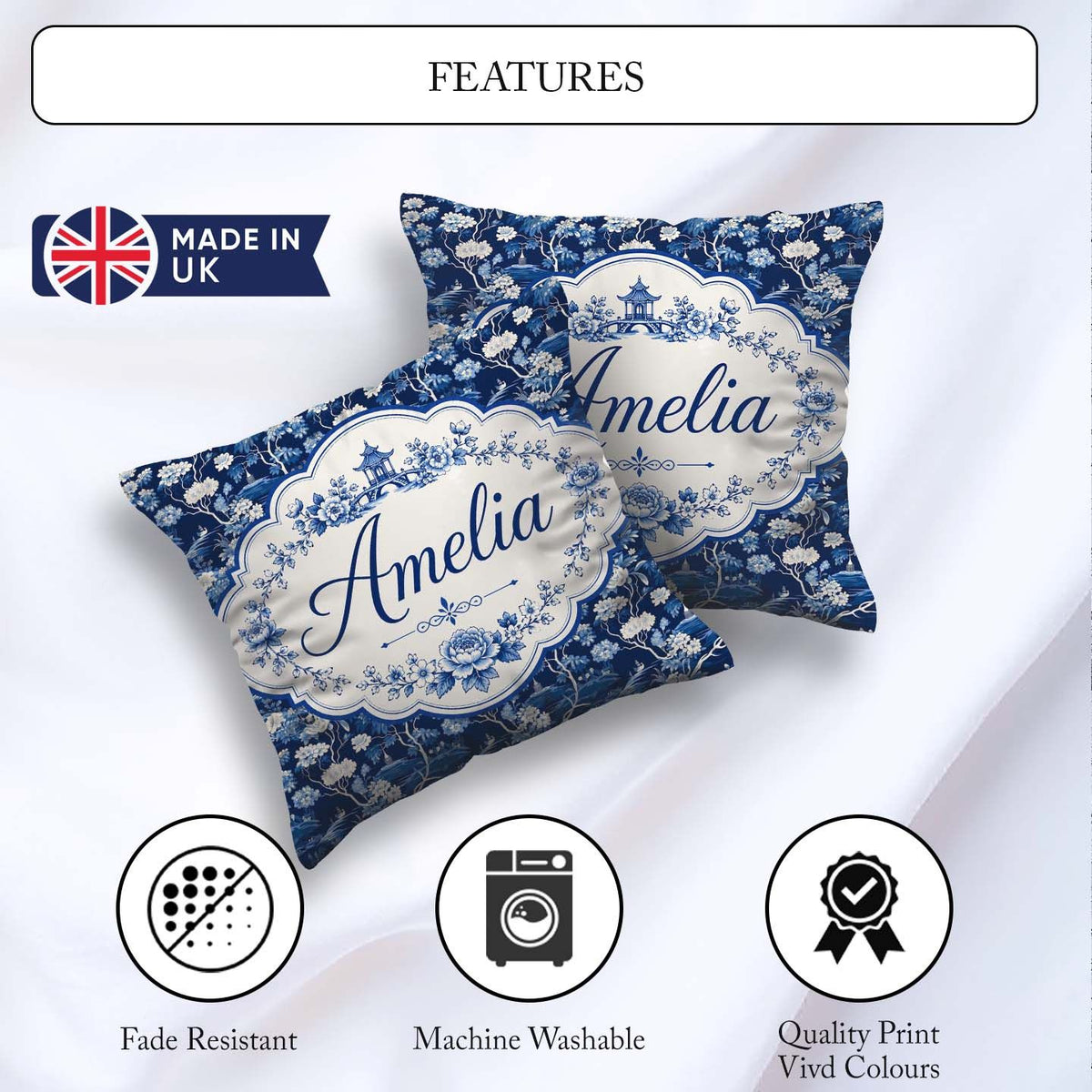 Custom Name Elegant Blue Toile Garden Landscape Seamless Pattern Square Filled Cushion Throw Pillow Sofa Bed Home Decor Zip Washable UK Made