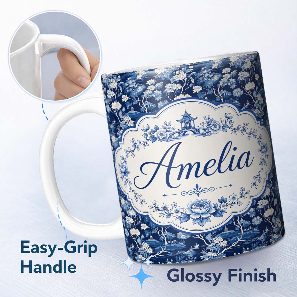 Personalized Custom Name Elegant Blue Toile Garden Landscape Floral Seamless Pattern Name 11oz Ceramic Coffee Tea Mug White Large Handle