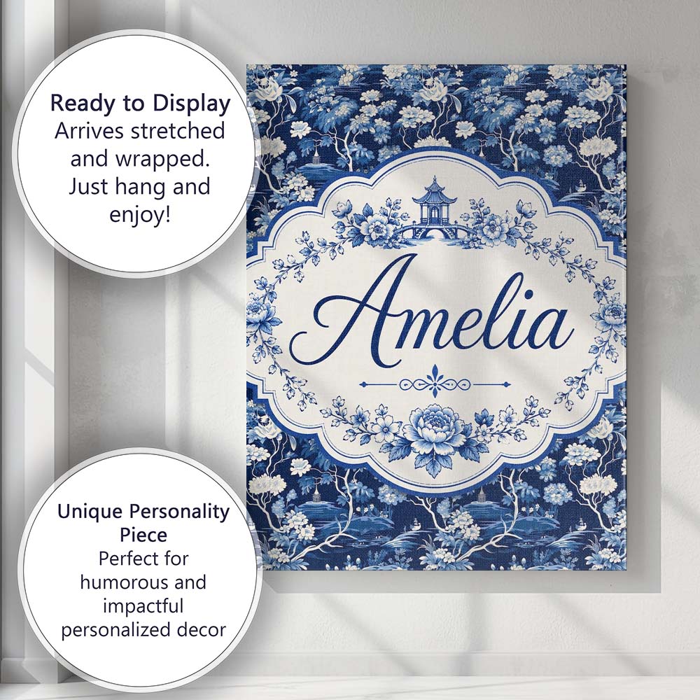 Personalised Name Elegant Blue Toile Garden Custom Bespoke Interior Contemporary Canvas Wall Art Print Decor Picture Ready to Hang
