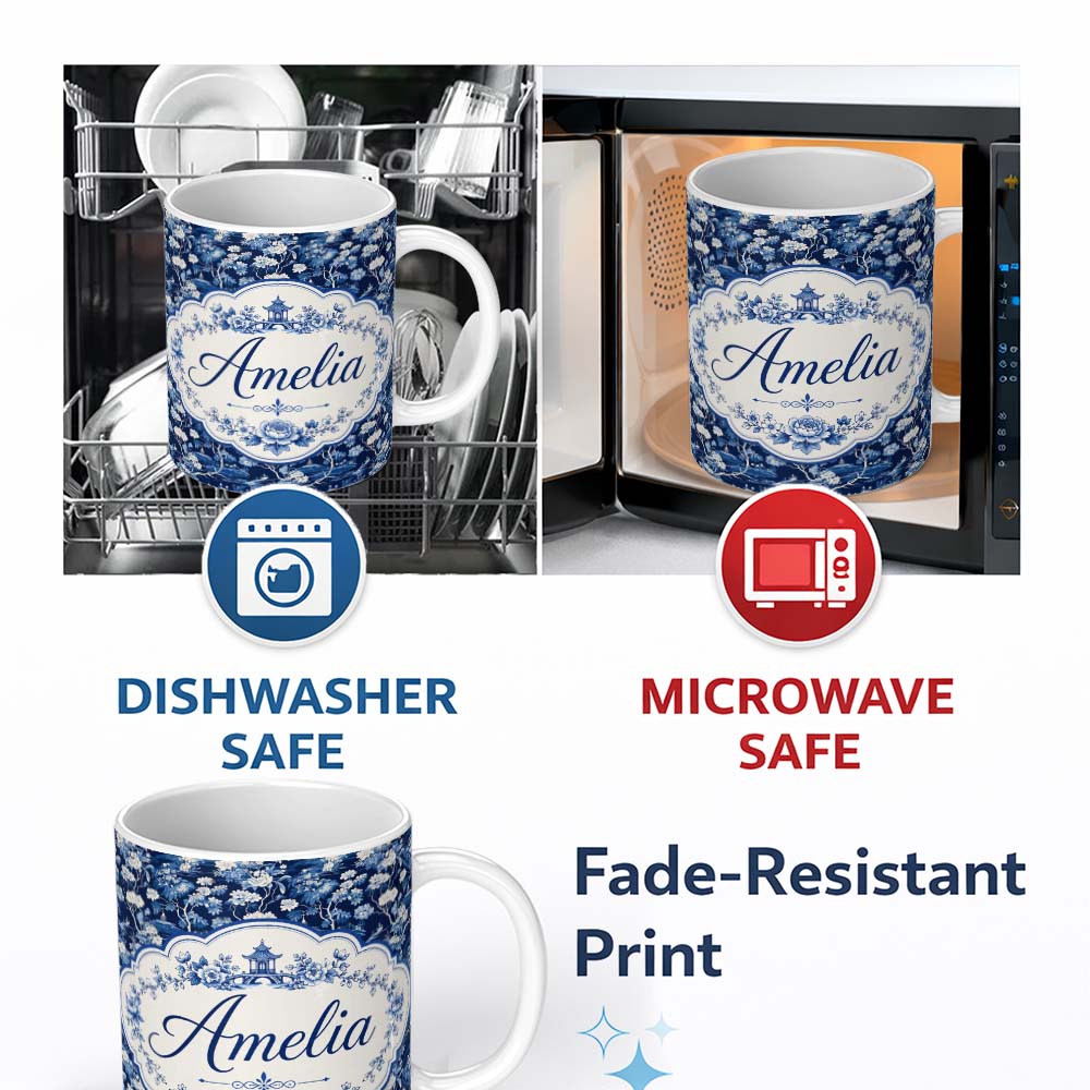 Personalized Custom Name Elegant Blue Toile Garden Landscape Floral Seamless Pattern Name 11oz Ceramic Coffee Tea Mug White Large Handle