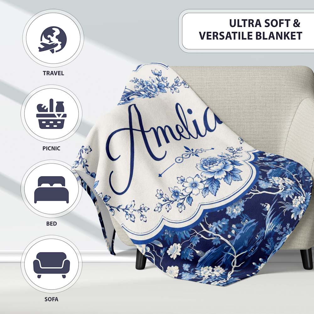 Elegant Blue Toile Garden Landscape Floral Seamless Pattern Name Personalised Custom Name Super Soft Fleece Blanket Bed Sofa Throw