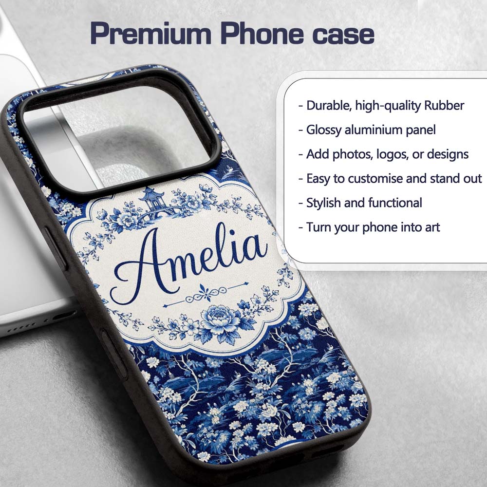 Elegant Blue Toile Garden Landscape Floral Printed Design Custom Name Protective Phone Case Mobile Cover Durable Smartphone Shock Resistant