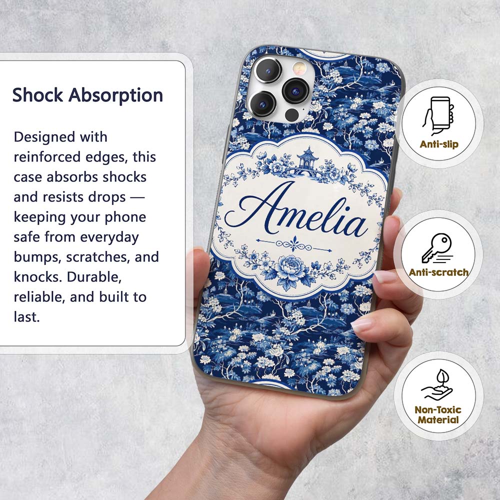 Elegant Blue Toile Garden Landscape Floral Printed Design Custom Name Protective Phone Case Mobile Cover Durable Smartphone Shock Resistant