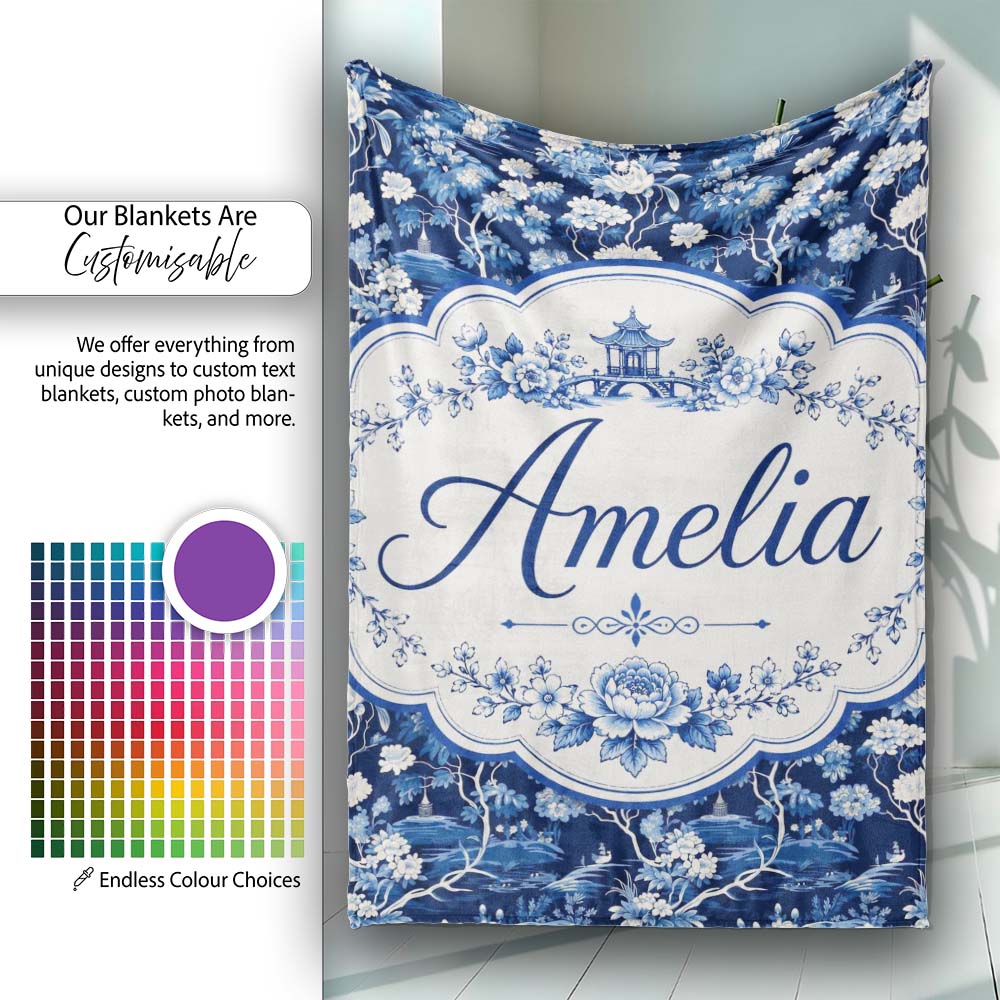 Elegant Blue Toile Garden Landscape Floral Seamless Pattern Name Personalised Custom Name Super Soft Fleece Blanket Bed Sofa Throw