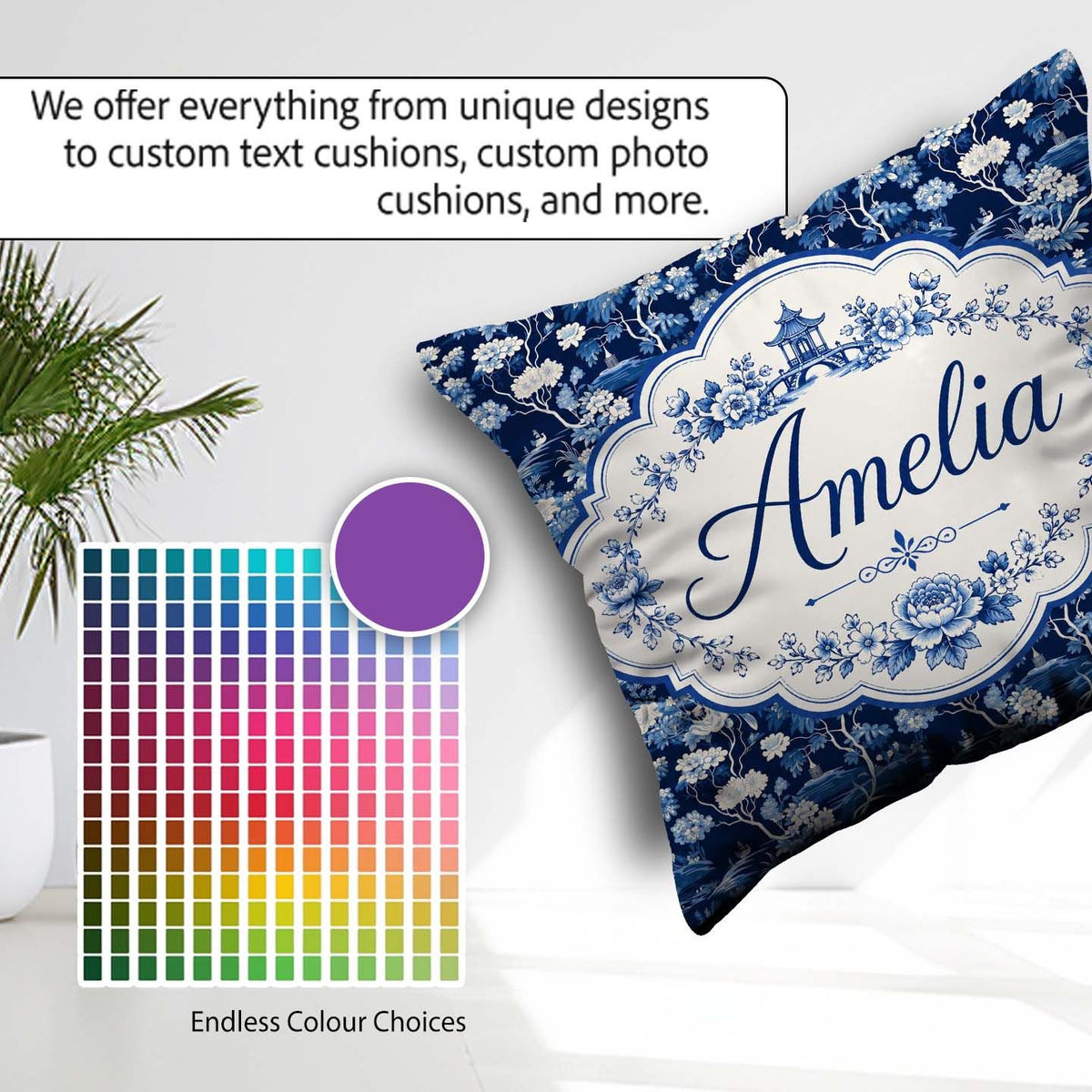 Custom Name Elegant Blue Toile Garden Landscape Seamless Pattern Square Filled Cushion Throw Pillow Sofa Bed Home Decor Zip Washable UK Made