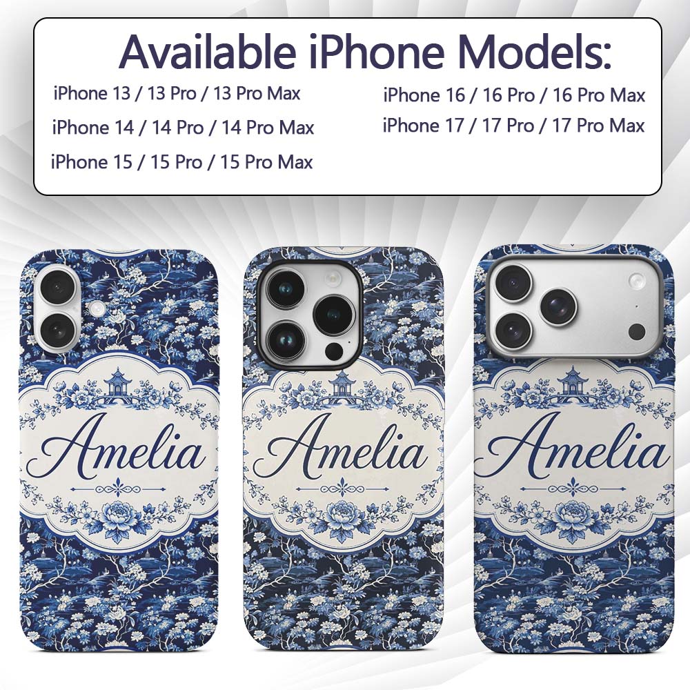 Elegant Blue Toile Garden Landscape Floral Printed Design Custom Name Protective Phone Case Mobile Cover Durable Smartphone Shock Resistant