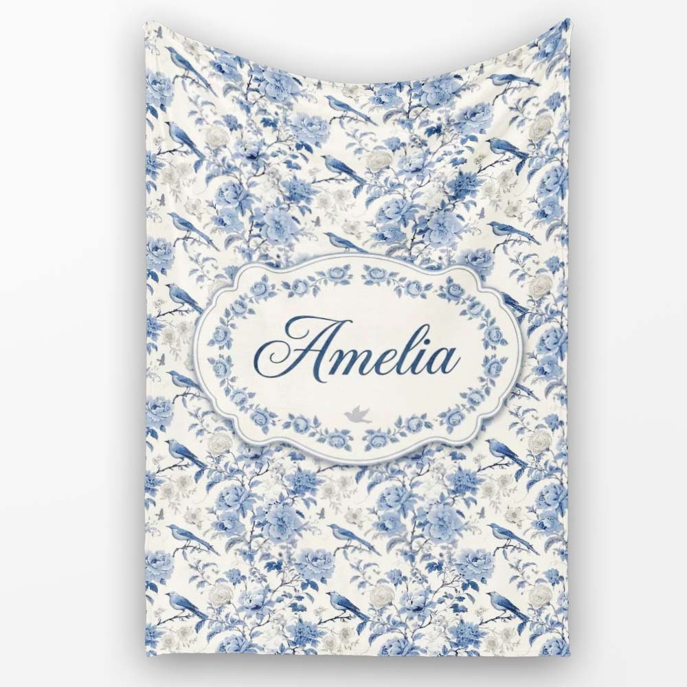 Vintage Blue Birds and Rose Blossom Floral Seamless Pattern Name Personalised Custom Name Super Soft Fleece Blanket Bed Sofa Throw