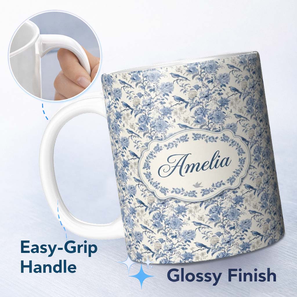 Personalized Custom Name Vintage Blue Birds and Rose Blossom Floral Seamless Pattern Name 11oz Ceramic Coffee Tea Mug White Large Handle