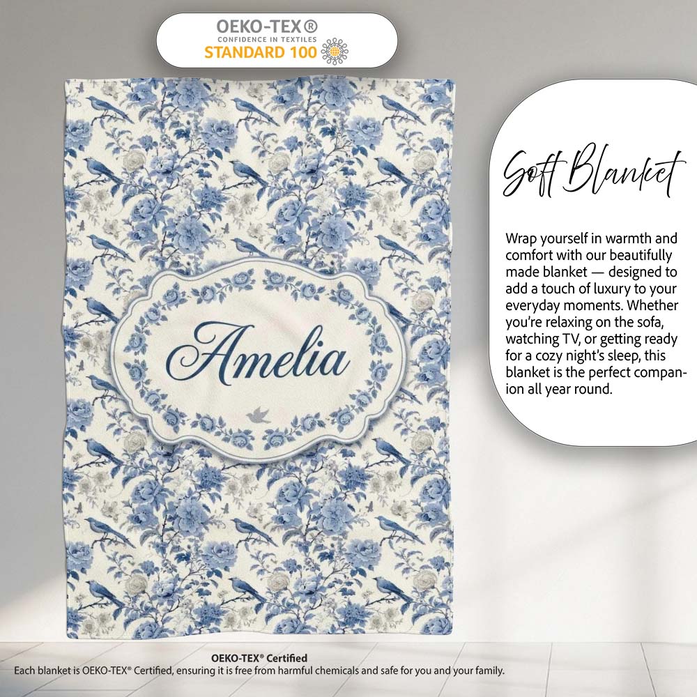 Vintage Blue Birds and Rose Blossom Floral Seamless Pattern Name Personalised Custom Name Super Soft Fleece Blanket Bed Sofa Throw