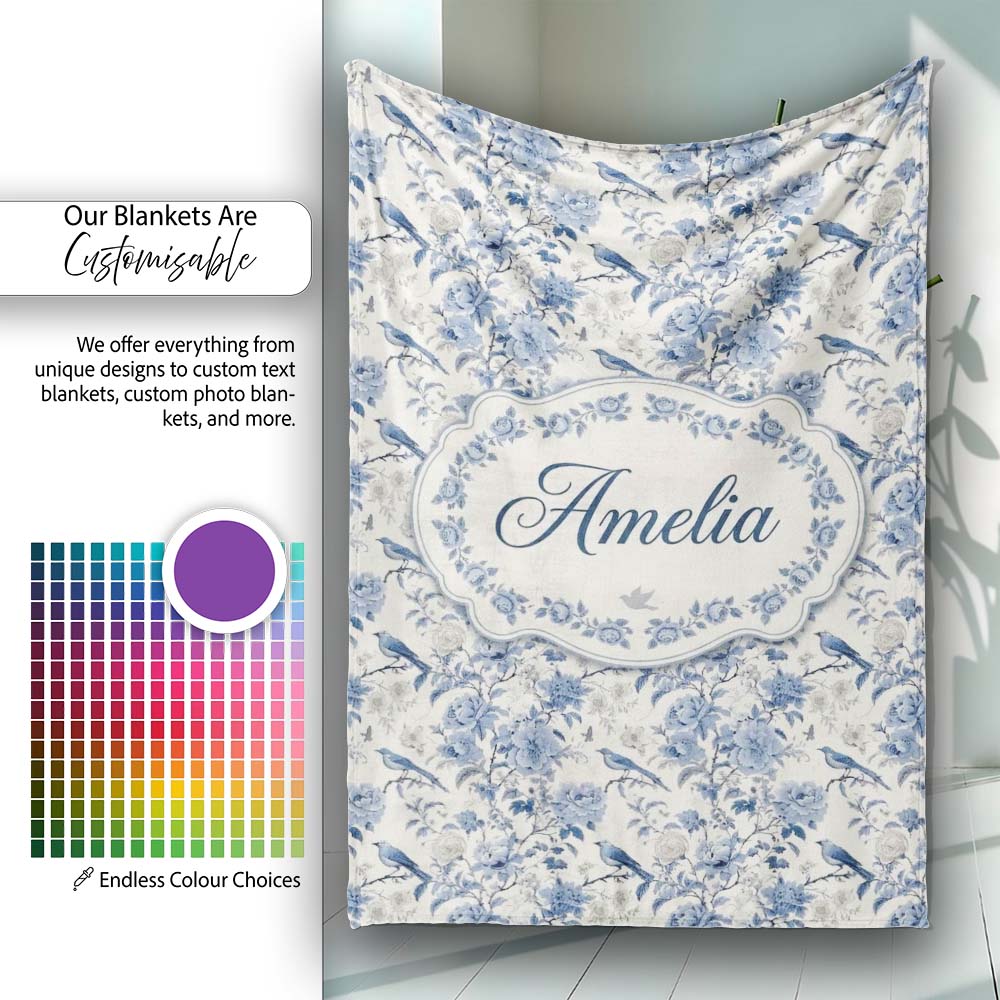 Vintage Blue Birds and Rose Blossom Floral Seamless Pattern Name Personalised Custom Name Super Soft Fleece Blanket Bed Sofa Throw