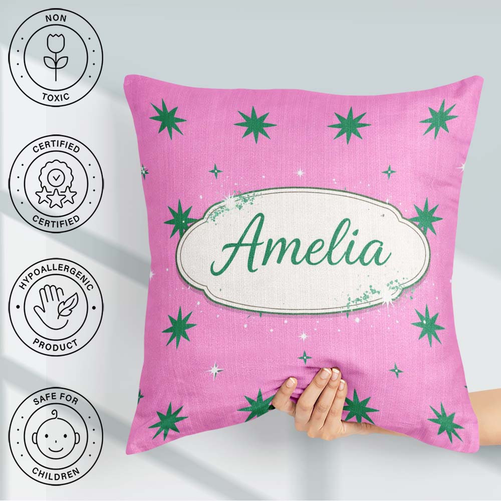Custom Name Green Star Shapes on Pink Background Seamless Lovely Square Filled Cushion Throw Pillow Sofa Bed Home Decor Zip Washable UK Made