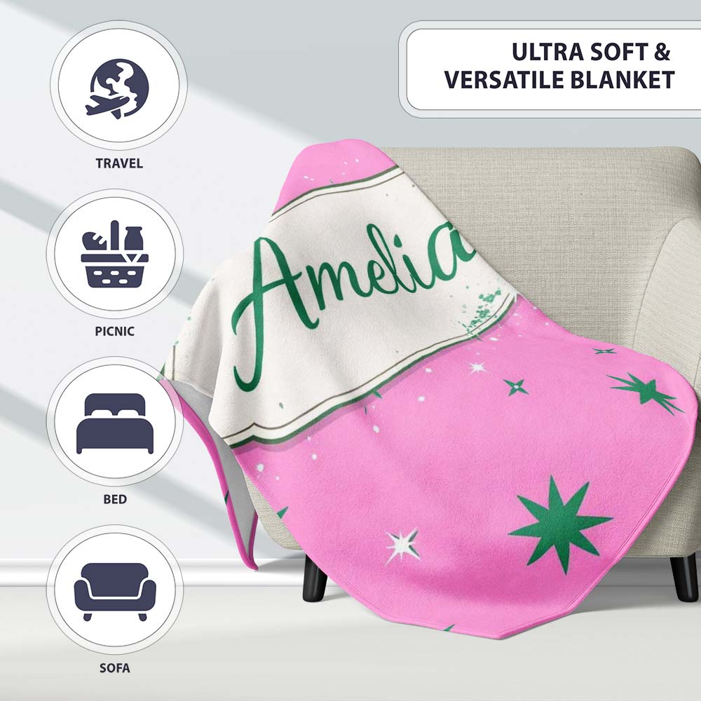 Green Star Shapes on Pink Background Seamless Pattern Lovely Personalised Custom Name Super Soft Fleece Blanket Bed Sofa Throw