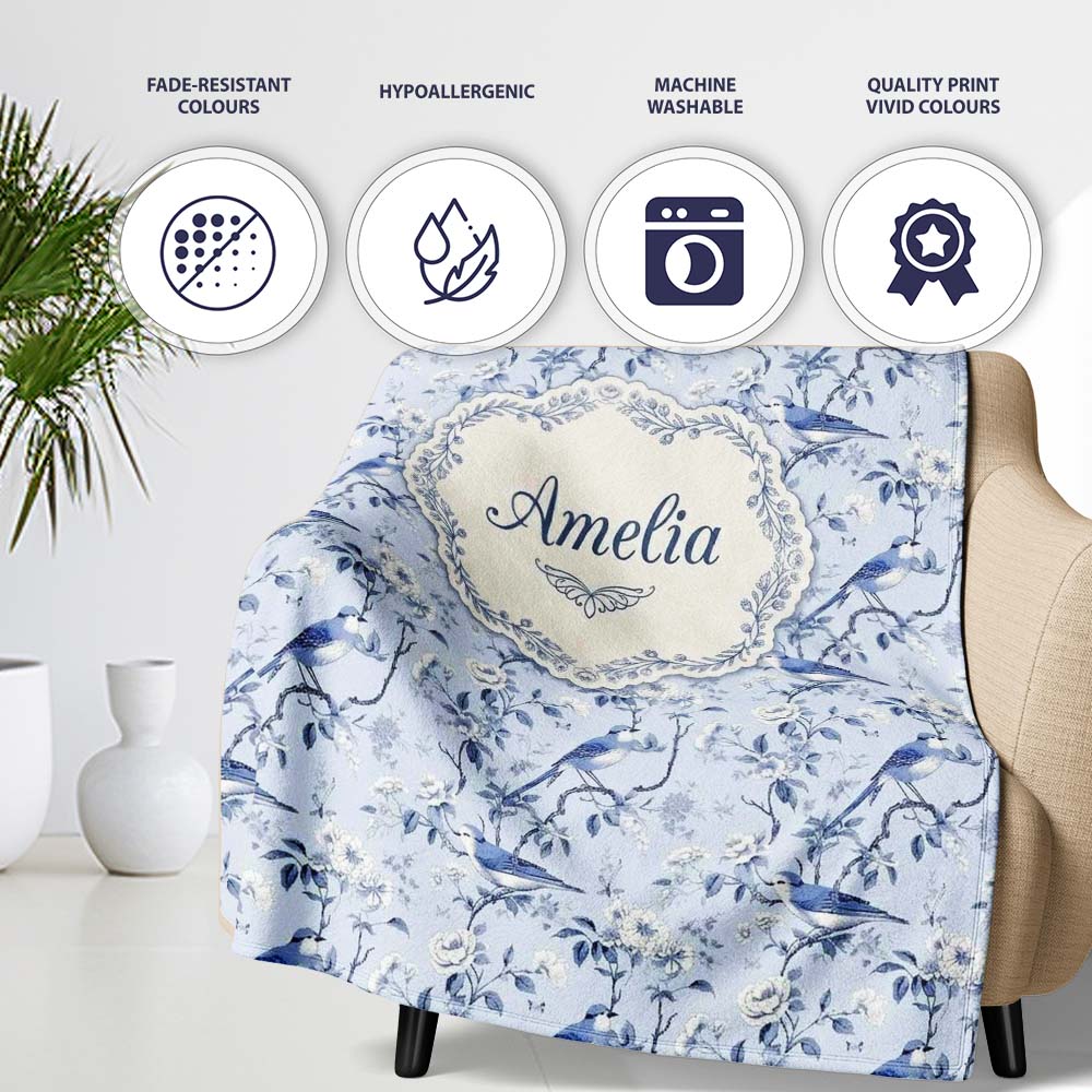 Soft Blue Songbird Twig Floral Chinoiserie Seamless Pattern Name Personalised Custom Name Super Soft Fleece Blanket Bed Sofa Throw