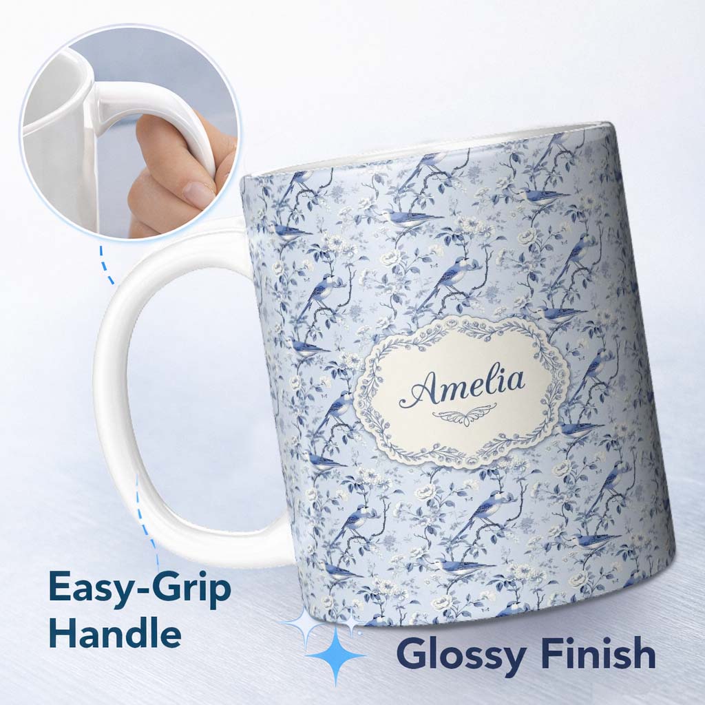 Personalized Custom Name Soft Blue Songbird Twig Floral Chinoiserie Seamless Pattern Name 11oz Ceramic Coffee Tea Mug White Large Handle