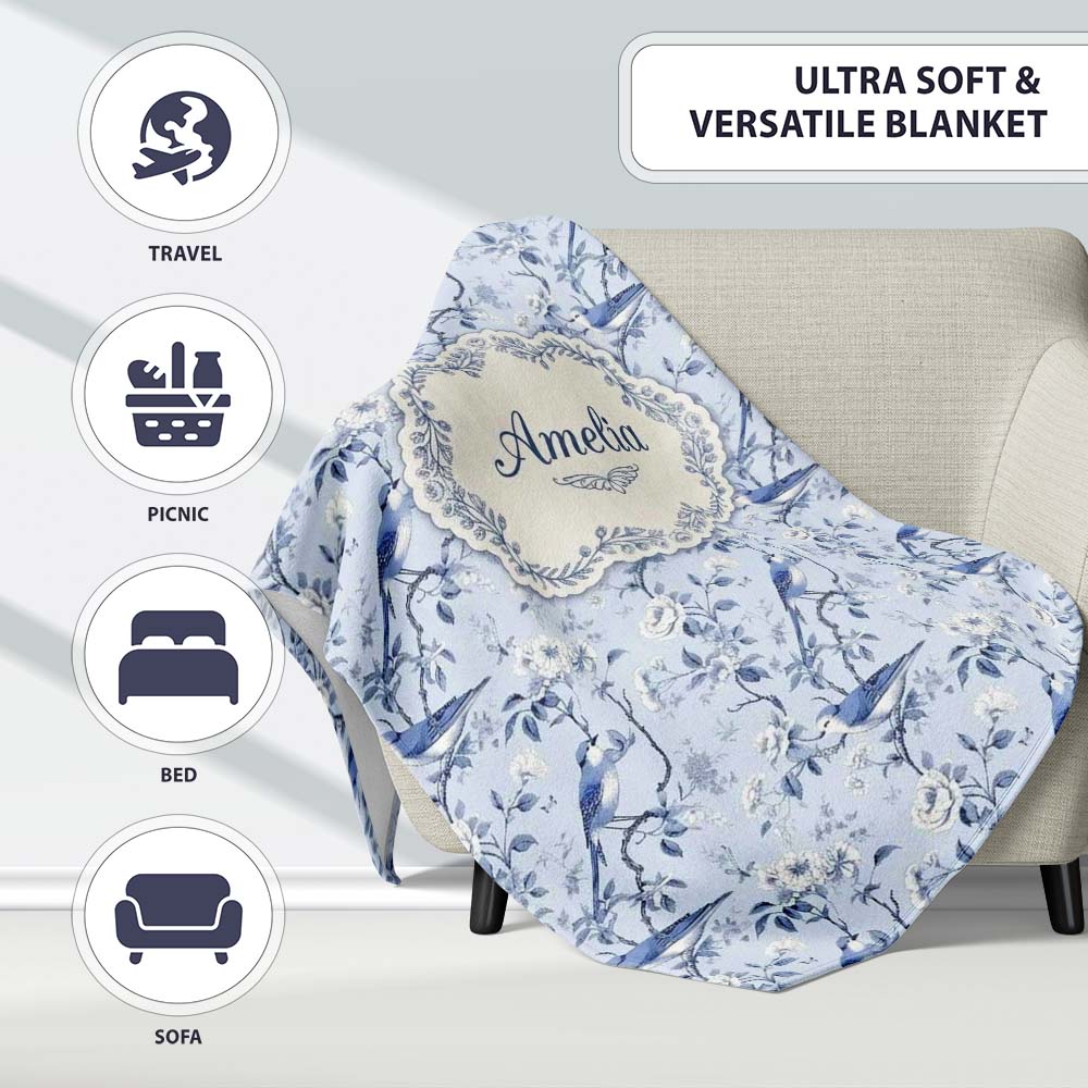 Soft Blue Songbird Twig Floral Chinoiserie Seamless Pattern Name Personalised Custom Name Super Soft Fleece Blanket Bed Sofa Throw