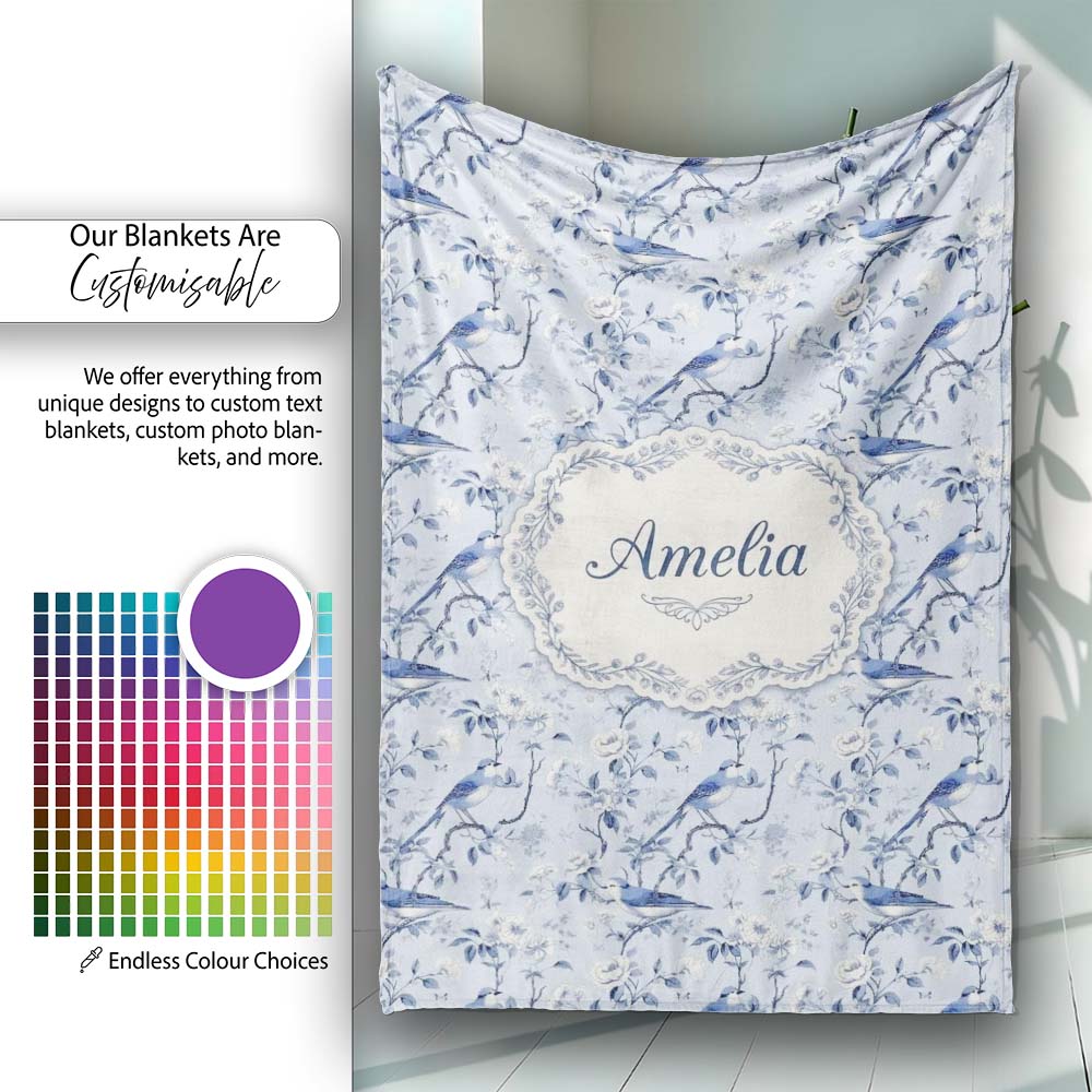 Soft Blue Songbird Twig Floral Chinoiserie Seamless Pattern Name Personalised Custom Name Super Soft Fleece Blanket Bed Sofa Throw