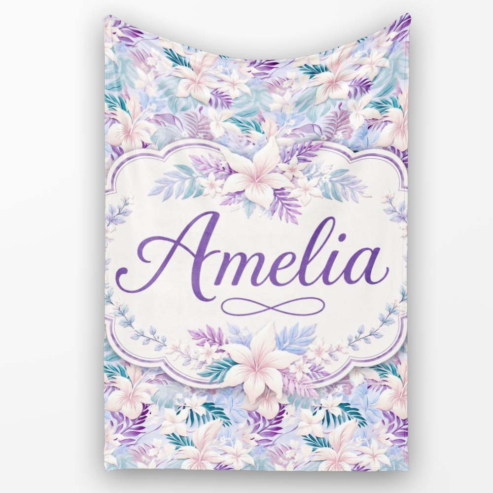Pastel Tropical Hibiscus Lilys Leaf Floral Seamless Pattern Name Personalised Custom Name Super Soft Fleece Blanket Bed Sofa Throw