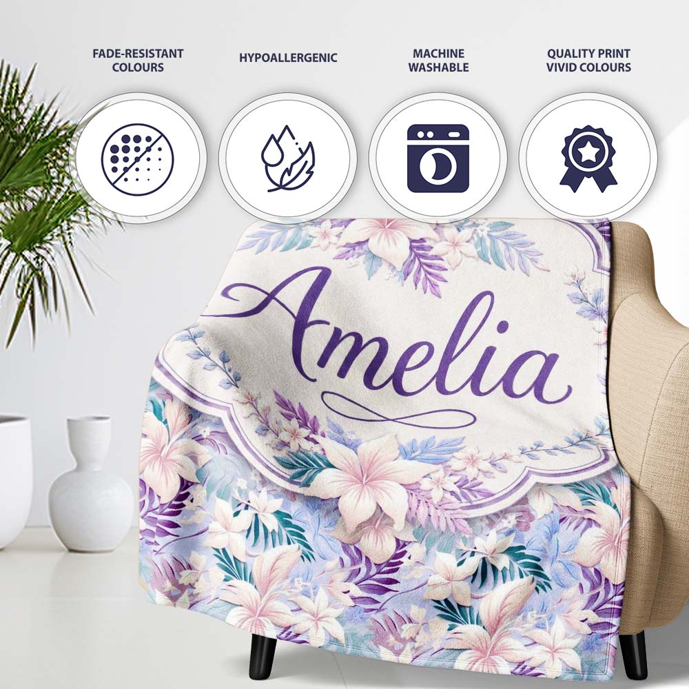 Pastel Tropical Hibiscus Lilys Leaf Floral Seamless Pattern Name Personalised Custom Name Super Soft Fleece Blanket Bed Sofa Throw