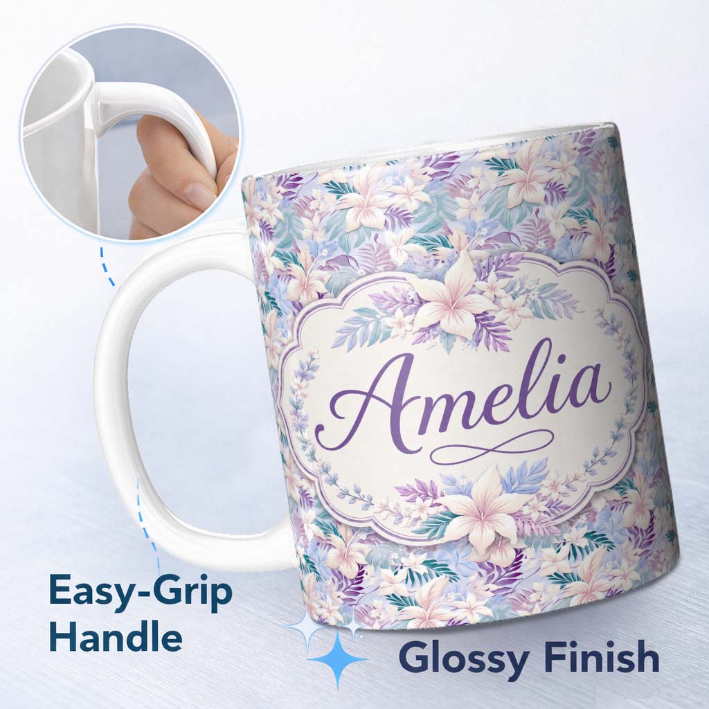 Personalized Custom Name Pastel Tropical Hibiscus Lilys Leaf Floral Seamless Pattern Name 11oz Ceramic Coffee Tea Mug White Large Handle
