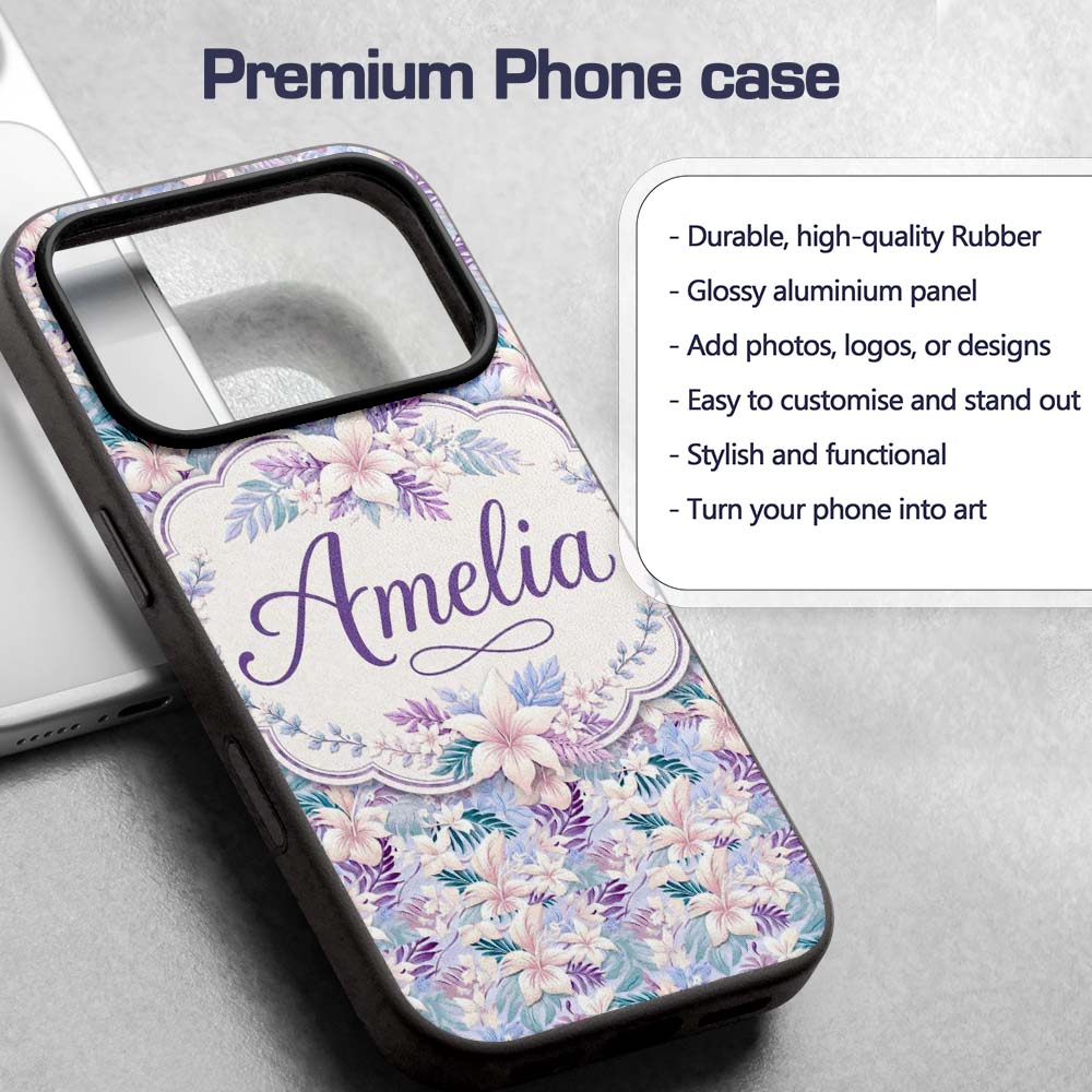 Pastel Tropical Hibiscus Lilys Printed Design Custom Name Protective Phone Case Mobile Cover Durable Everyday Smartphone Shock Resistant