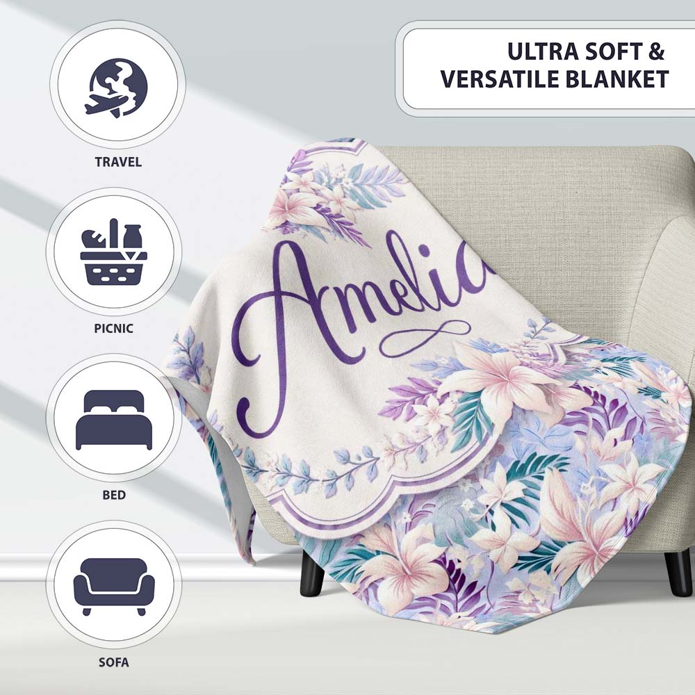 Pastel Tropical Hibiscus Lilys Leaf Floral Seamless Pattern Name Personalised Custom Name Super Soft Fleece Blanket Bed Sofa Throw