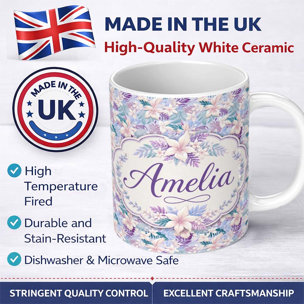 Personalized Custom Name Pastel Tropical Hibiscus Lilys Leaf Floral Seamless Pattern Name 11oz Ceramic Coffee Tea Mug White Large Handle