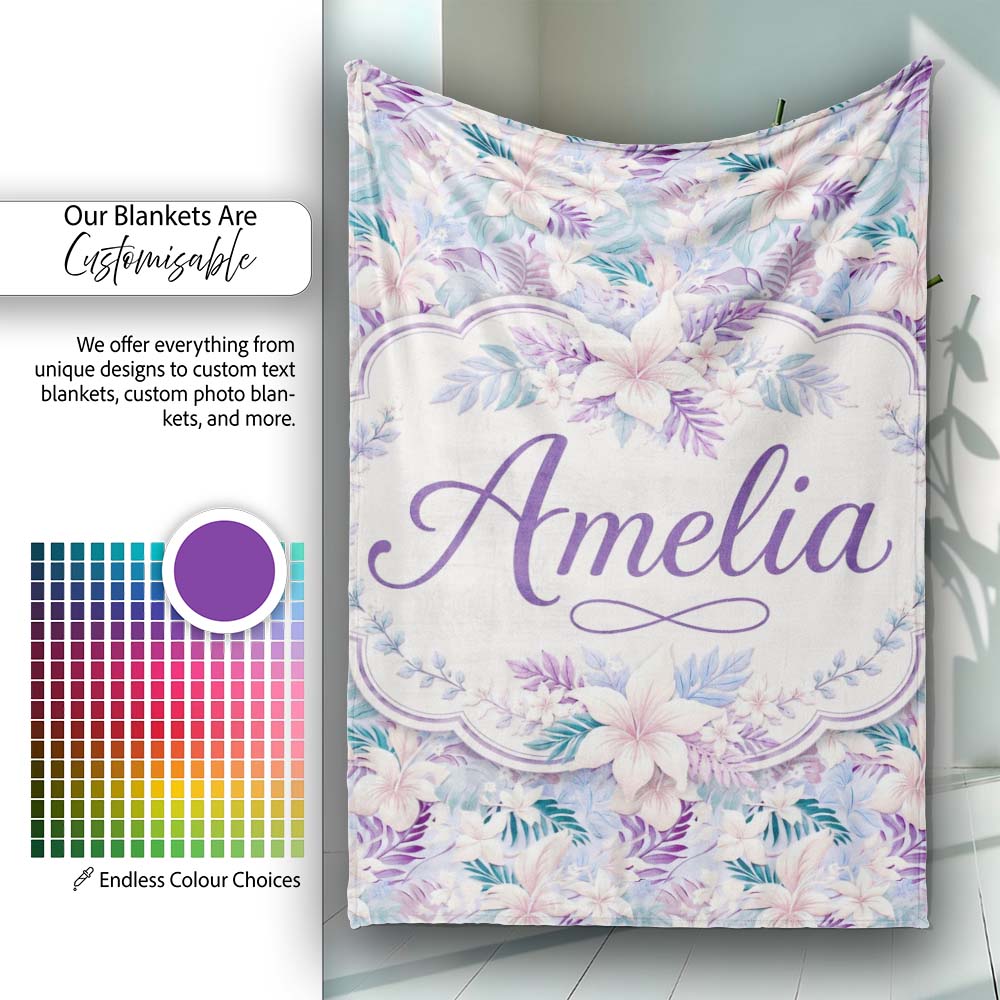 Pastel Tropical Hibiscus Lilys Leaf Floral Seamless Pattern Name Personalised Custom Name Super Soft Fleece Blanket Bed Sofa Throw