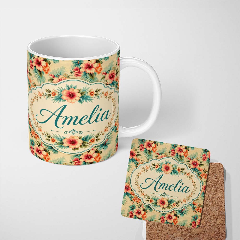 Personalized Custom Name Vintage Beige Tropic Hibiscus Palm Floral Seamless Pattern Name Cute 11oz Ceramic Coffee Tea Mug White Large Handle