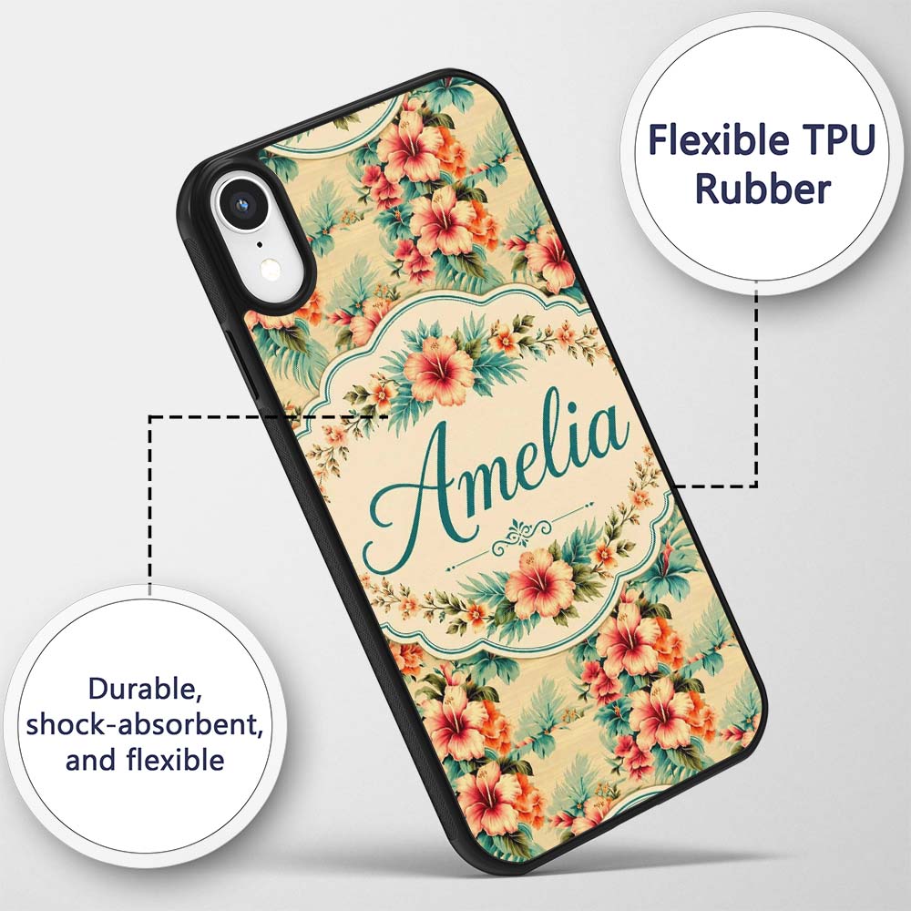 Vintage Beige Tropic Hibiscus Palm Printed Design Custom Name Protective Phone Case Mobile Cover Durable Everyday Smartphone Shock Resistant