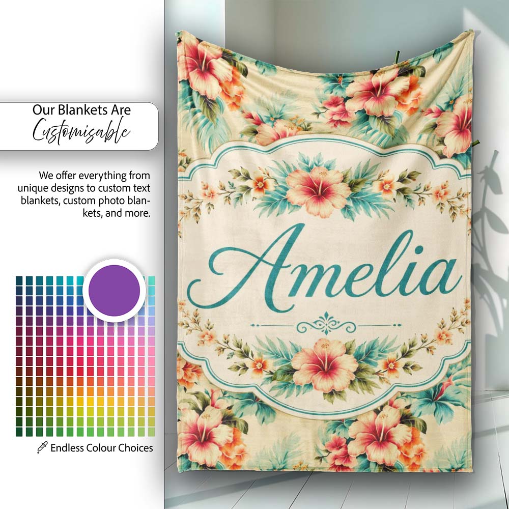 Vintage Beige Tropic Hibiscus Palm Floral Seamless Pattern Name Cute Personalised Custom Name Super Soft Fleece Blanket Bed Sofa Throw