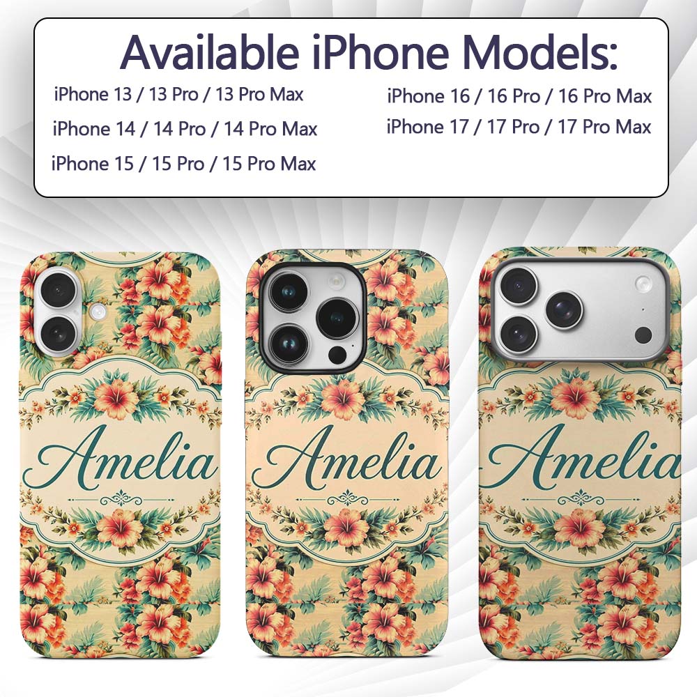Vintage Beige Tropic Hibiscus Palm Printed Design Custom Name Protective Phone Case Mobile Cover Durable Everyday Smartphone Shock Resistant