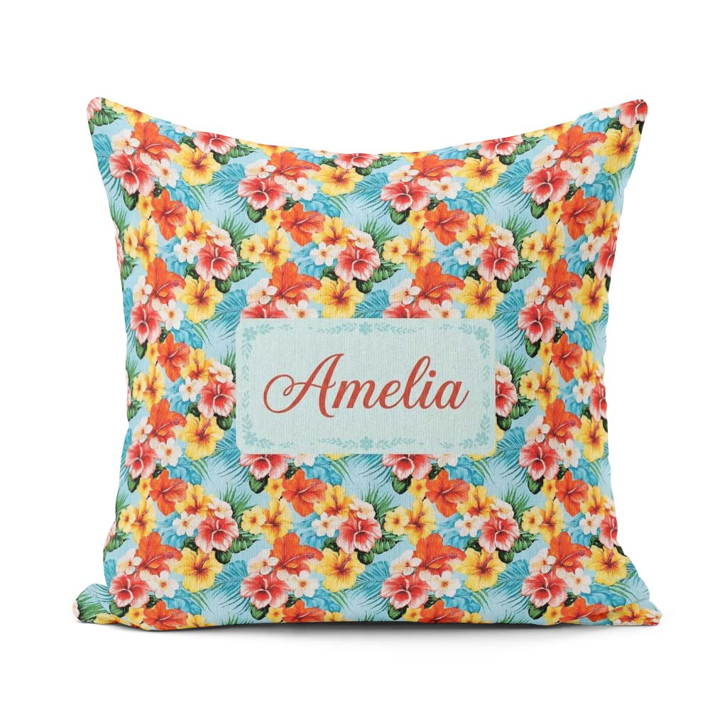 Custom Name Bright Tropic Hibiscus Bloom Floral Seamless Pattern Square Filled Cushion Throw Pillow Sofa Bed Home Decor Zip Washable UK Made