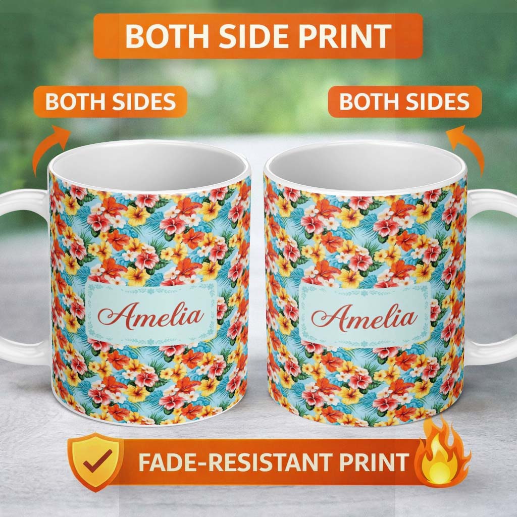 Personalized Custom Name Bright Tropic Hibiscus Bloom Wild Floral Seamless Pattern Custom 11oz Ceramic Coffee Tea Mug White Large Handle