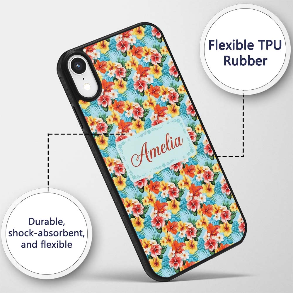 Bright Tropic Hibiscus Bloom Wild Floral Seamless Custom Name Protective Phone Case Mobile Cover Durable Everyday Smartphone Shock Resistant