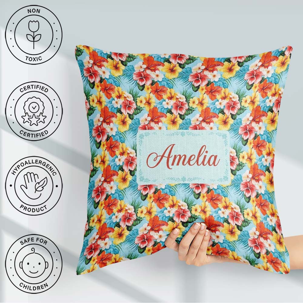 Custom Name Bright Tropic Hibiscus Bloom Floral Seamless Pattern Square Filled Cushion Throw Pillow Sofa Bed Home Decor Zip Washable UK Made