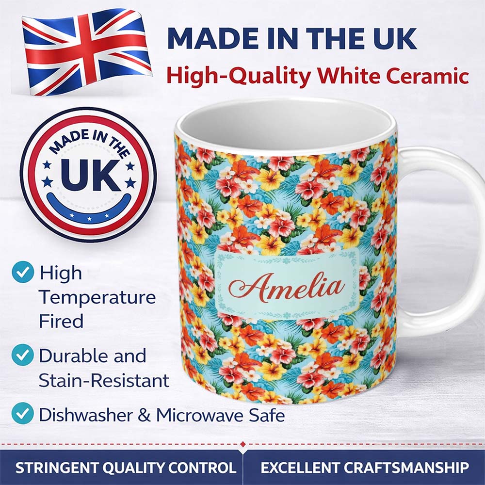 Personalized Custom Name Bright Tropic Hibiscus Bloom Wild Floral Seamless Pattern Custom 11oz Ceramic Coffee Tea Mug White Large Handle