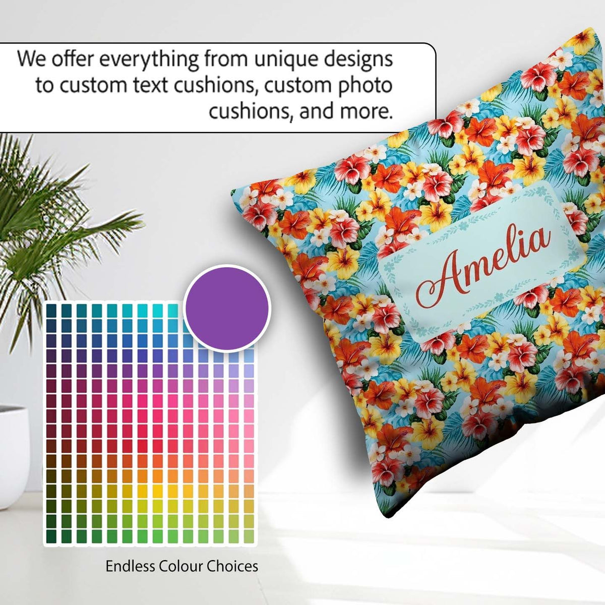 Custom Name Bright Tropic Hibiscus Bloom Floral Seamless Pattern Square Filled Cushion Throw Pillow Sofa Bed Home Decor Zip Washable UK Made