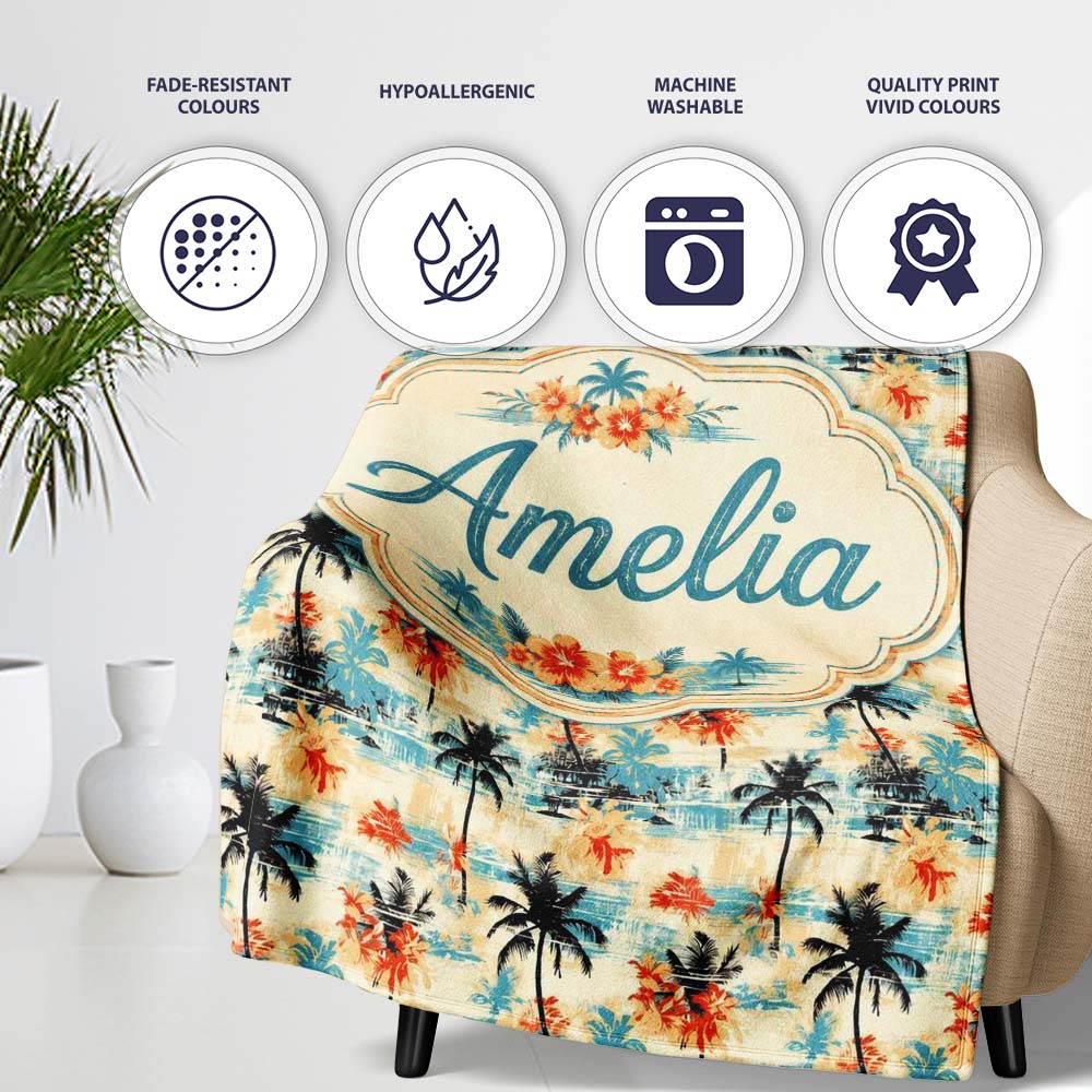 Vintage Tropical Palm Tree Sunset Beach Seamless Pattern Name Cute Personalised Custom Name Super Soft Fleece Blanket Bed Sofa Throw