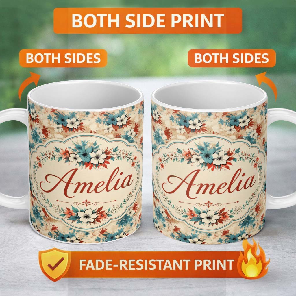 Personalized Custom Name Abstract Tropical Hibiscus Floral Splash Seamless Pattern Custom 11oz Ceramic Coffee Tea Mug White Large Handle