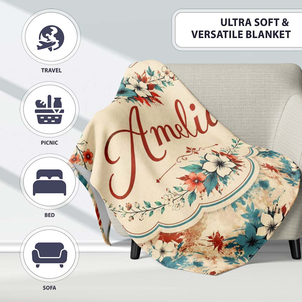 Abstract Tropical Hibiscus Floral Splash Seamless Pattern Custom Personalised Custom Name Super Soft Fleece Blanket Bed Sofa Throw