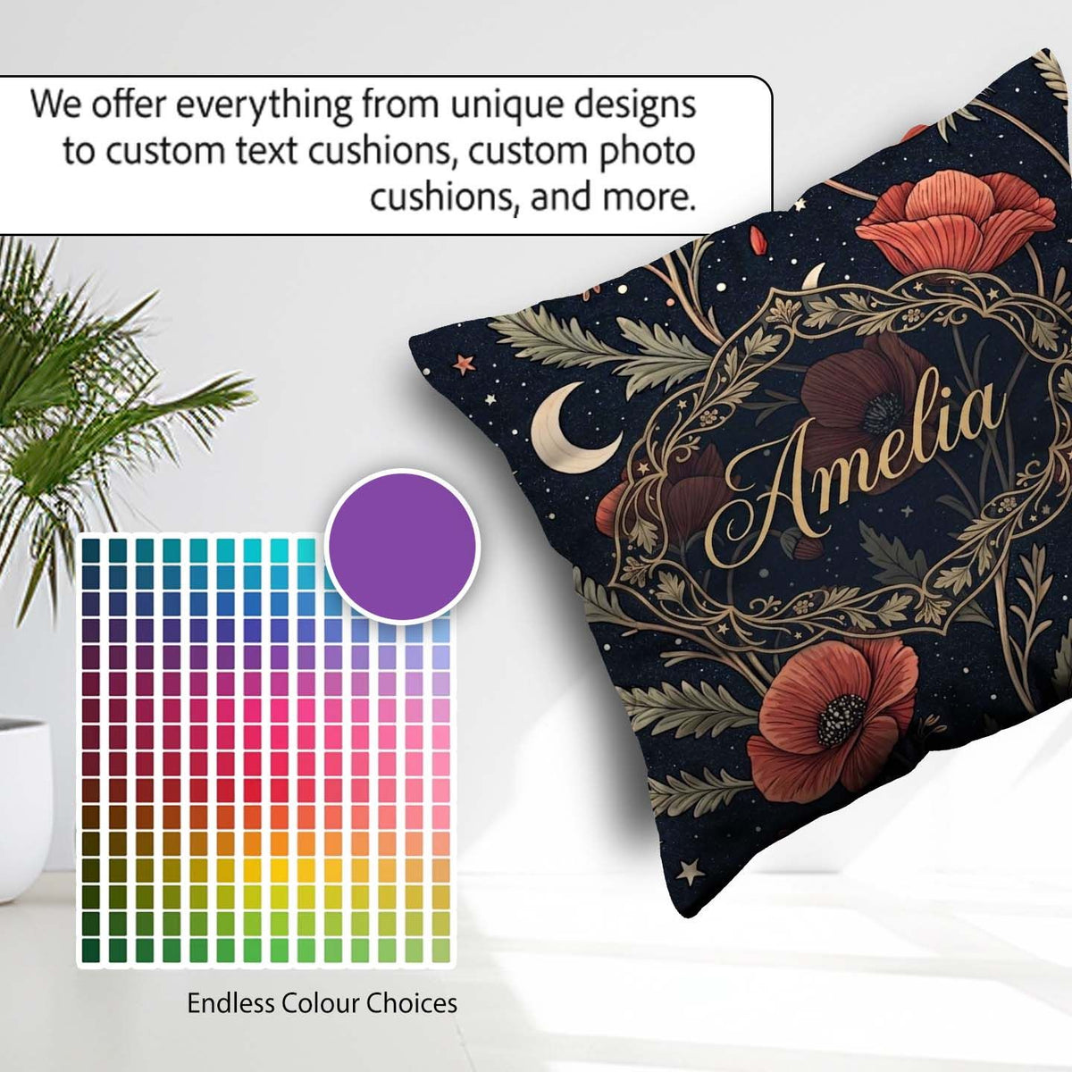 Custom Name Red Poppy Flowers Moon Stars Night Seamless Pattern Square Filled Cushion Throw Pillow Sofa Bed Home Decor Zip Washable UK Made