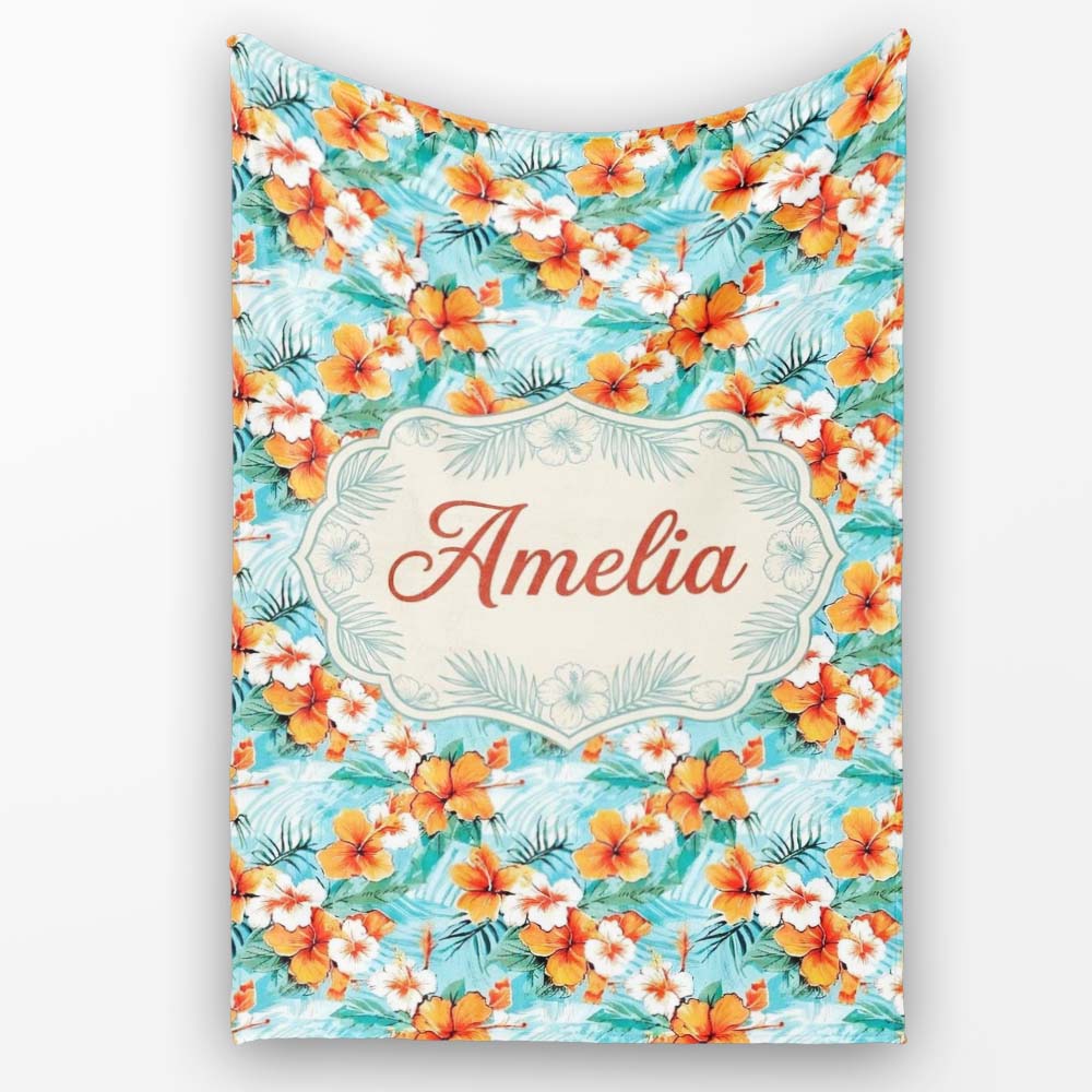Bright Orange Hibiscus Tropical Leaves Seamless Pattern Name Cute Personalised Custom Name Super Soft Fleece Blanket Bed Sofa Throw